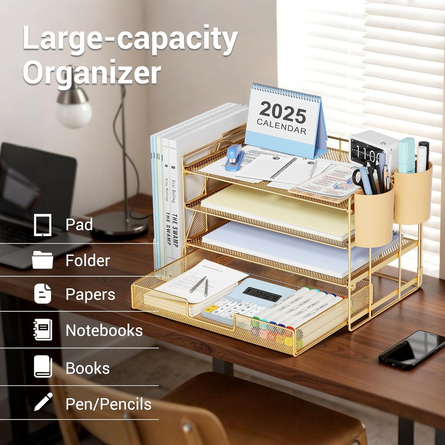 OPNICE Desk Organizers and Accessories, 4-Tier Office Desk Accessories & Workspace Organizers with Drawer and Pen Holder, Desktop Paper Tray File Organizer for Home Office Supplies, Gold