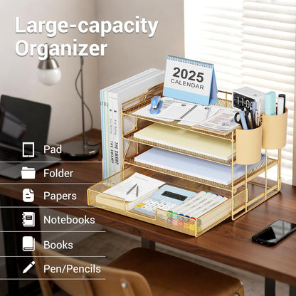 OPNICE Desk Organizers and Accessories, 4-Tier Office Desk Accessories & Workspace Organizers with Drawer and Pen Holder, Desktop Paper Tray File Organizer for Home Office Supplies, Gold