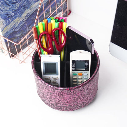 lizimandu Round Leather Art Supply Organizer,Remote Control Holder,360 Degree Spinning,Multi-Functional Pencil Holder,4 Compartments Desktop Stationary Organizer(1-Gold) - Colors B