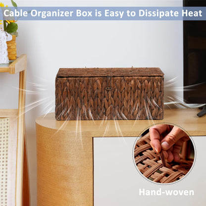 efluky 2 Pack Plastic Cable Management Boxes, Hand-Woven Cord Organizer Box with Lid, 2 Open Slots Cable Organizer Basket to Hide Power Strip and Charger for Home & Office and Dorm,Natural