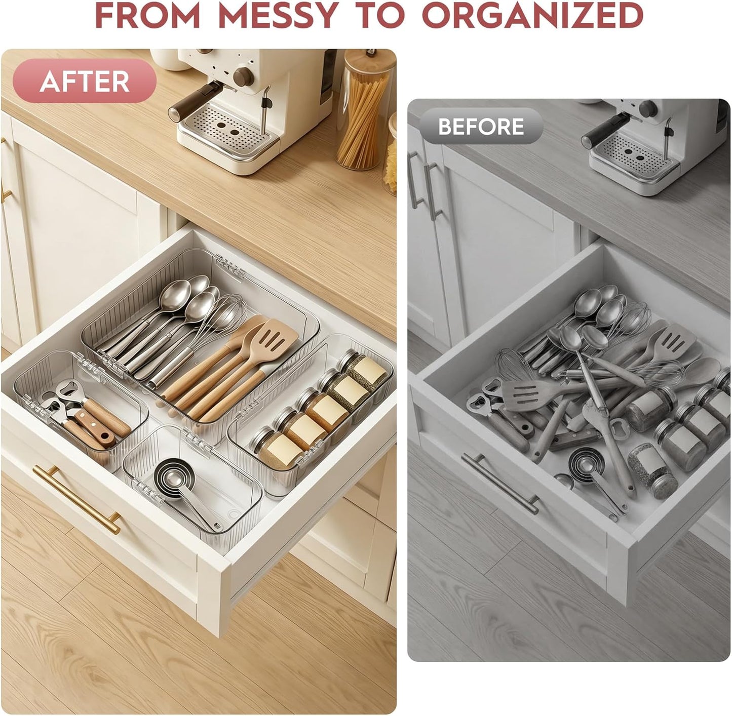 Expandable Drawer Organizer Set, Clear Adjustable Drawer Dividers, 4-Piece Storage Trays for Kitchen, Bathroom, Makeup, Office, Durable PET Material