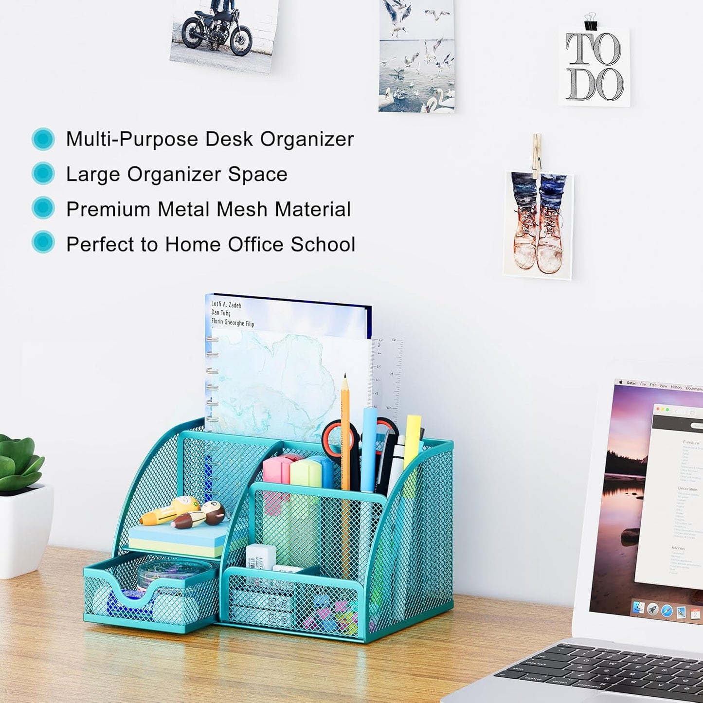 EasyPAG Mesh Desk Organizer with Drawer Multi-functional Pen Holder Stationery Organizer for Office School Supplies 6 Compartments Dorm Organizers and Storage for Desk, Black