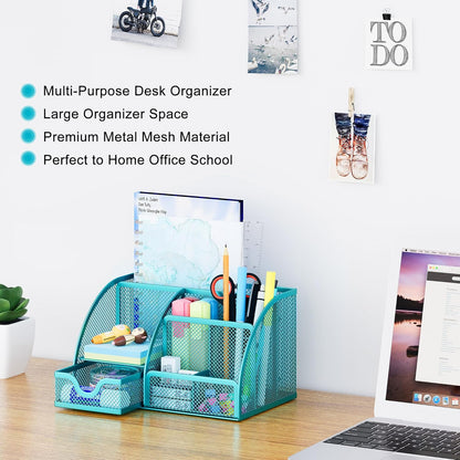 EasyPAG Mesh Desk Organizer with Drawer Multi-functional Pen Holder Stationery Organizer for Office School Supplies 6 Compartments Dorm Organizers and Storage for Desk, Black
