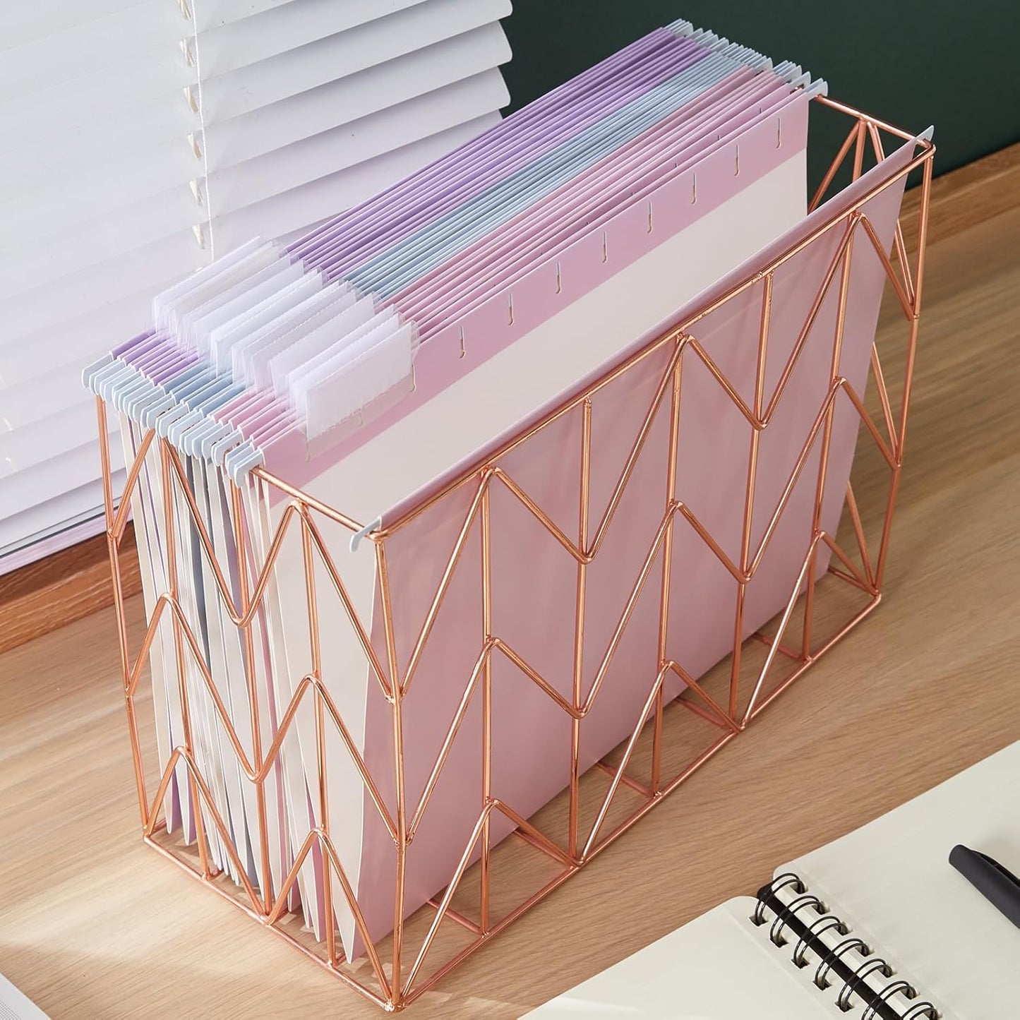 Hanging Rose Gold File Organizer, equipped with a 6-piece set of rose gold desktop accessories
