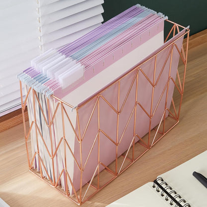 Hanging Rose Gold File Organizer, equipped with a 6-piece set of rose gold desktop accessories