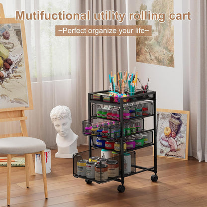 Rolling Utility Cart with 3 Drawers, Craft Organizer and Storage with DIY Divider, Lockable Wheels, Multi-Functional Storage for Art Supplies, Store for Brushes & Paints & Small Parts(Patent Pending)