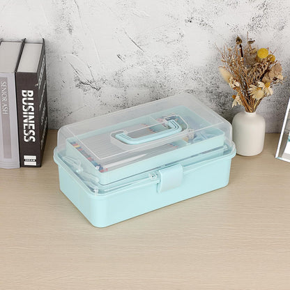 BTSKY 3-Layer Plastic Dividing Storage Box Craft Organizer and Storage with Adjustable Spacers Portable Handled Art Supply Organizer Multipurpose Home Utility Box for Medicine Sewing(Haze Green)