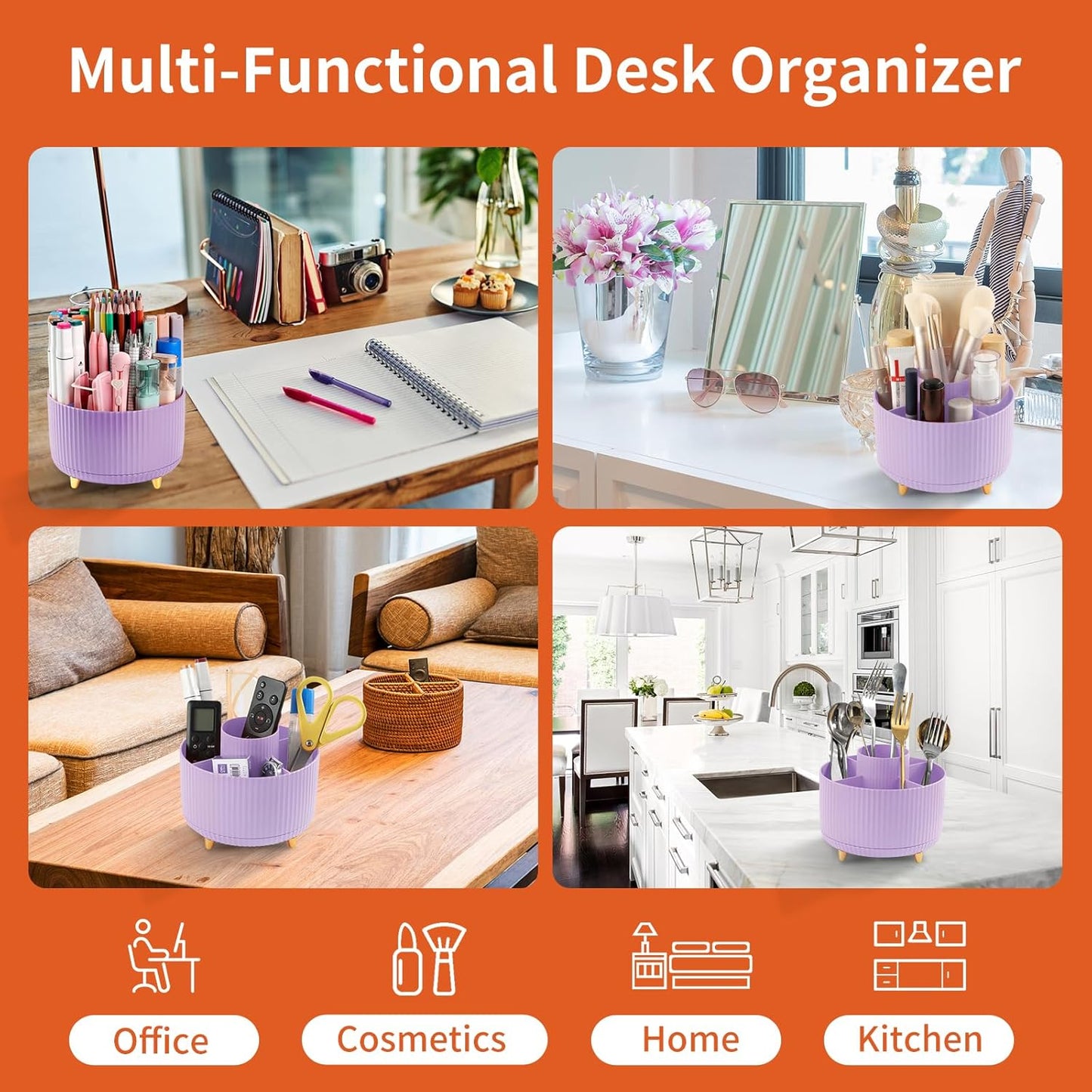 Desk Pencil Pen Holder, 5 Slots 360°Degree Rotating Pen Organizers for Desk, Desktop Storage Stationery Supplies Organizer, Cute Pencil Cup Pot for Office, School, Home, Art Supply, Dark Green