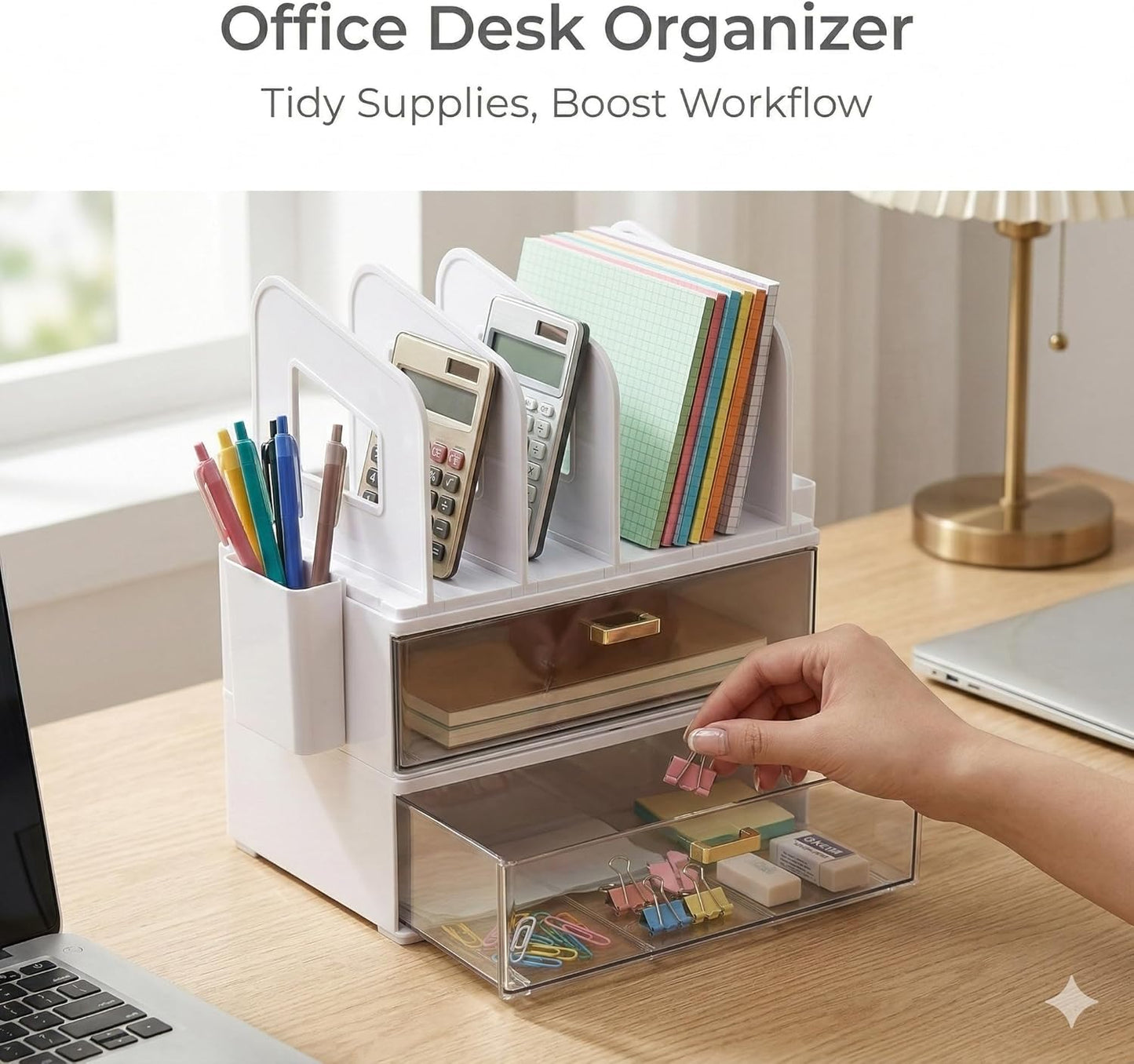 CiWiVOKi Desk Organizer with 2 Vertical File Holder, 4 Tier Stackable Paper Letter Tray File Organizer with 5-Compartments Pen Holder, Clear Desktop Organizer Office Organization and Storage