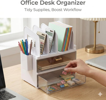 CiWiVOKi Desk Organizer with 2 Vertical File Holder, 4 Tier Stackable Paper Letter Tray File Organizer with 5-Compartments Pen Holder, Clear Desktop Organizer Office Organization and Storage