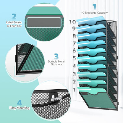 Gawerk 5 Tier Hanging Wall File Organizer, Mesh Mail Paper Orgnization Hanging File Folder Holder for Home Office, Black