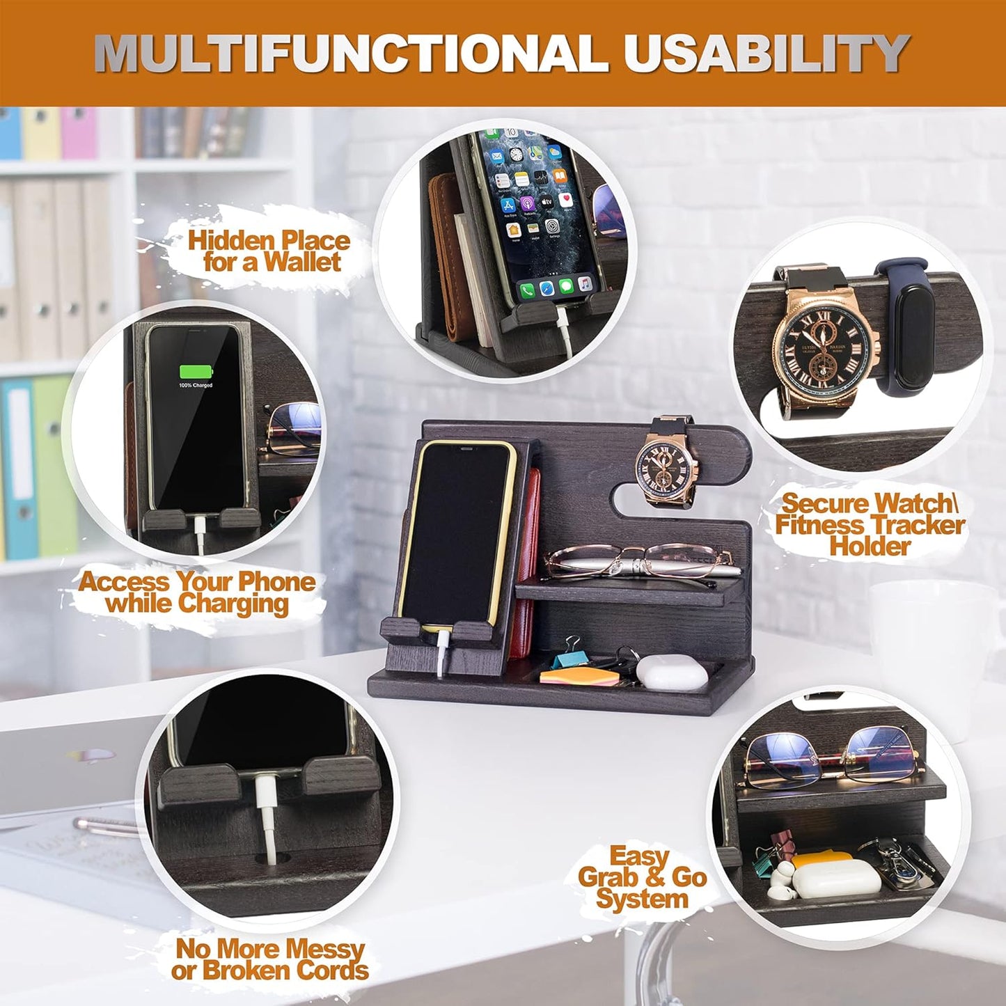 TESLYAR Wood Phone Docking Station for Men - Desktop or Nightstand Organizer - Birthday Gifts for Men, Dad - Anniversary Idea from Wife - Key Holder, Stand Wallet, Watch & Essentials (Granite Black)