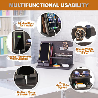 TESLYAR Wood Phone Docking Station for Men - Desktop or Nightstand Organizer - Birthday Gifts for Men, Dad - Anniversary Idea from Wife - Key Holder, Stand Wallet, Watch & Essentials (Granite Black)