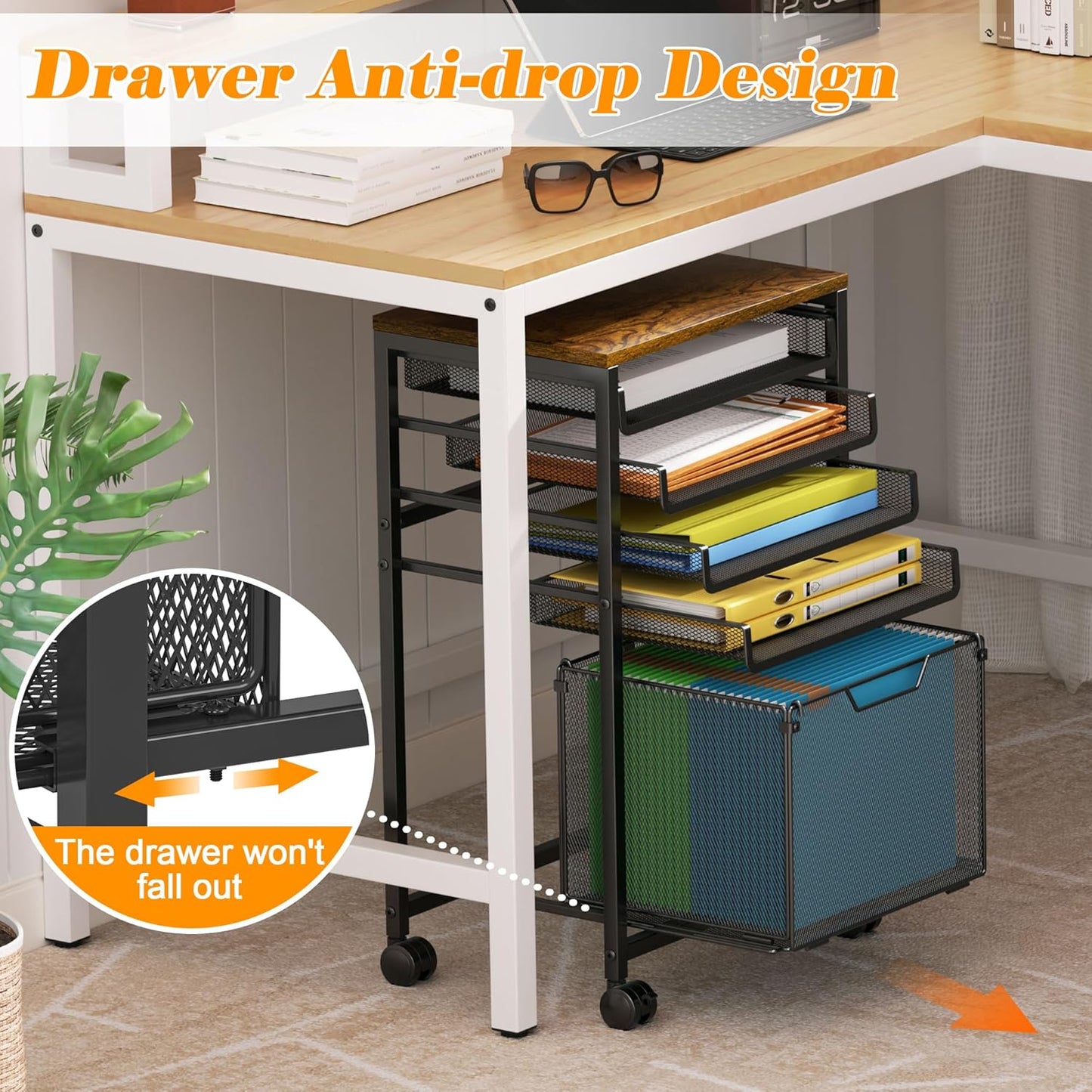 5-Tier Rolling File Cart Under Desk with Drawers, File Cabinet Organizer for Hanging File Folders, Letter-Size File Storage with Wheels, Multi-Layer Mobile Filing Cabinet for Under Desk Storage