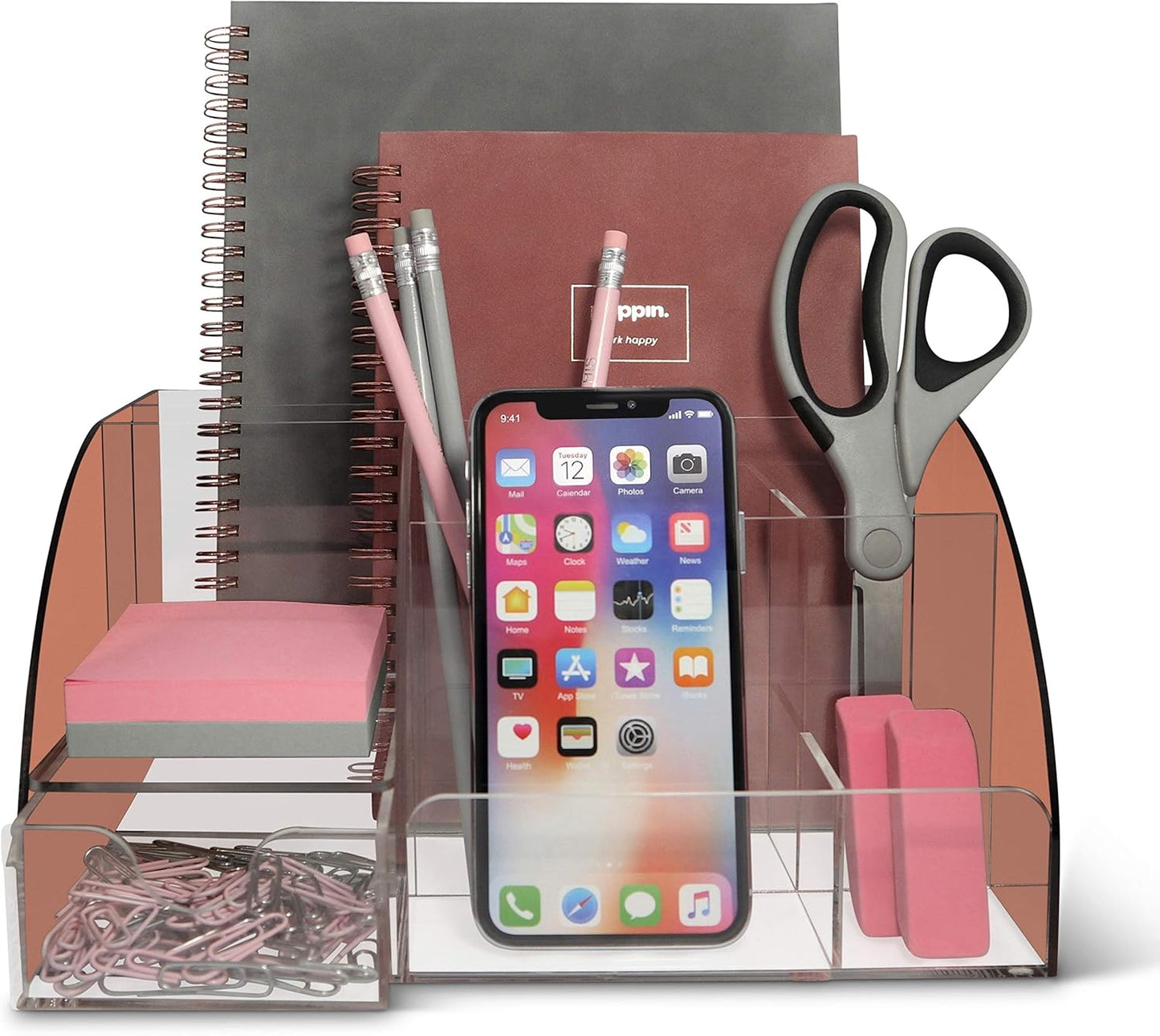 My Space Organizers Clear Acrylic Desk Oganizer, 9 Compartments, Office Supplies and Desk Accessories Organizer, Home Decor Desktop Organizer (Clear)