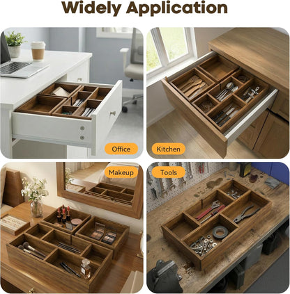 KOCWELL Bamboo Desk Drawer Organizer with Removable Dividers,Multi-Use Office Drawer Organizer Tray,Junk Drawer Organizers for Office,School,Kitchen,Makeup Supply（Original）