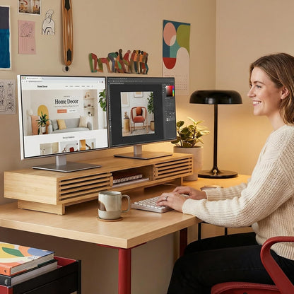 Monitor Stand Riser with Sliding Door, Computer Laptop Stand Desk Shelf Organizer with Storage (Natural Bamboo, 25 Inch)