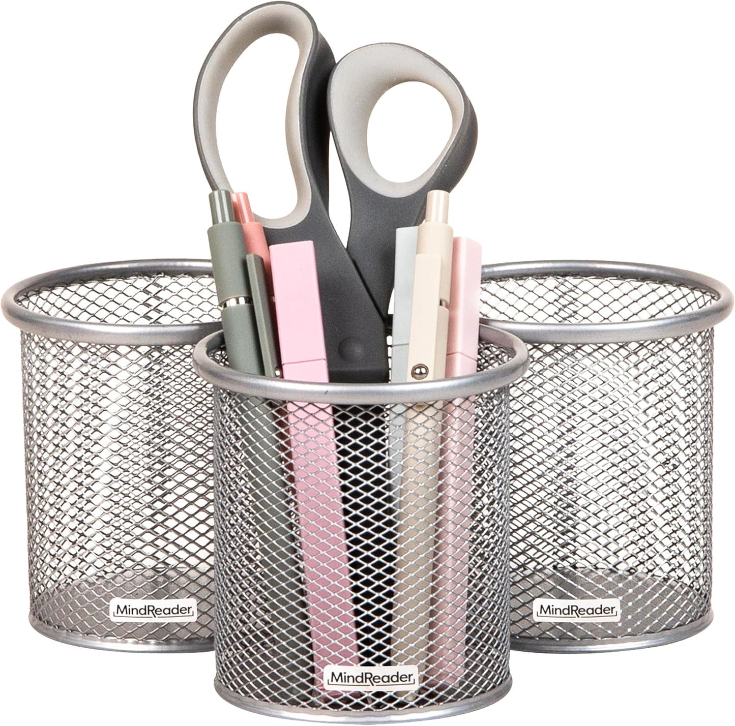 Mind Reader Pen and Accessories Holder, Desktop Organizer, Office, Metal Mesh, 3.5"L x 3.5"W x 3.75"H, Set of 3, Black