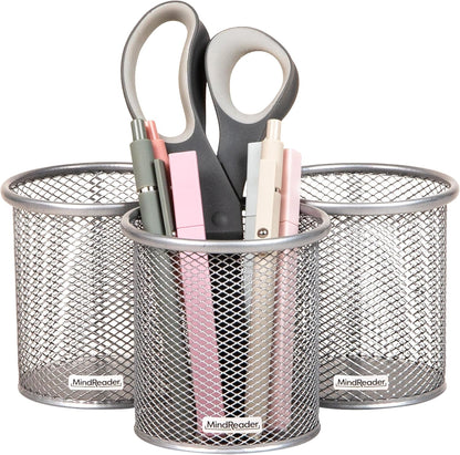 Mind Reader Pen and Accessories Holder, Desktop Organizer, Office, Metal Mesh, 3.5"L x 3.5"W x 3.75"H, Set of 3, Black