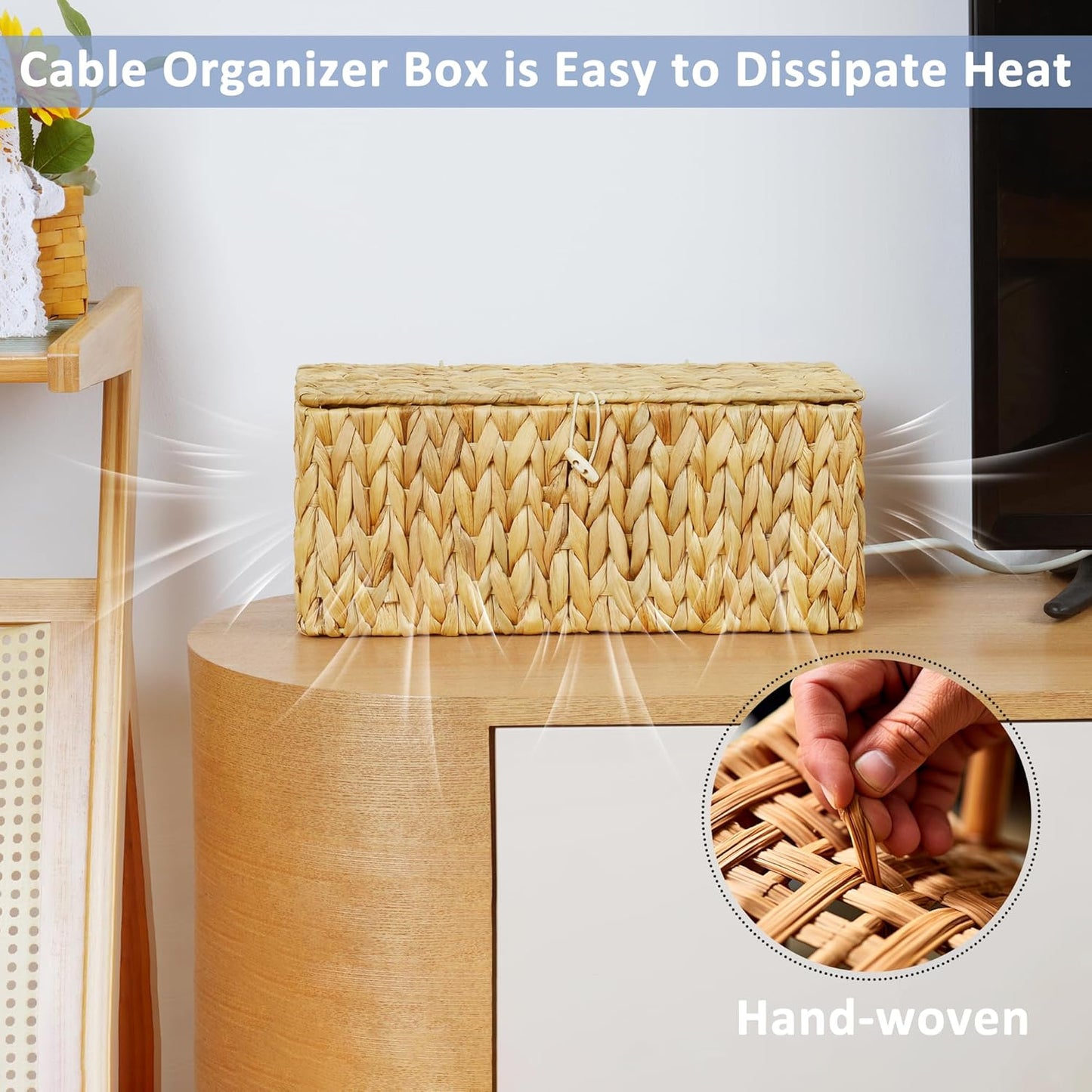efluky 2 Pack Plastic Cable Management Boxes, Hand-Woven Cord Organizer Box with Lid, 2 Open Slots Cable Organizer Basket to Hide Power Strip and Charger for Home & Office and Dorm,Natural