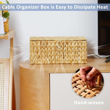 efluky 2 Pack Plastic Cable Management Boxes, Hand-Woven Cord Organizer Box with Lid, 2 Open Slots Cable Organizer Basket to Hide Power Strip and Charger for Home & Office and Dorm,Natural