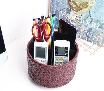lizimandu Round Leather Art Supply Organizer,Remote Control Holder,360 Degree Spinning,Multi-Functional Pencil Holder,4 Compartments Desktop Stationary Organizer(1-Gold) - Colors A