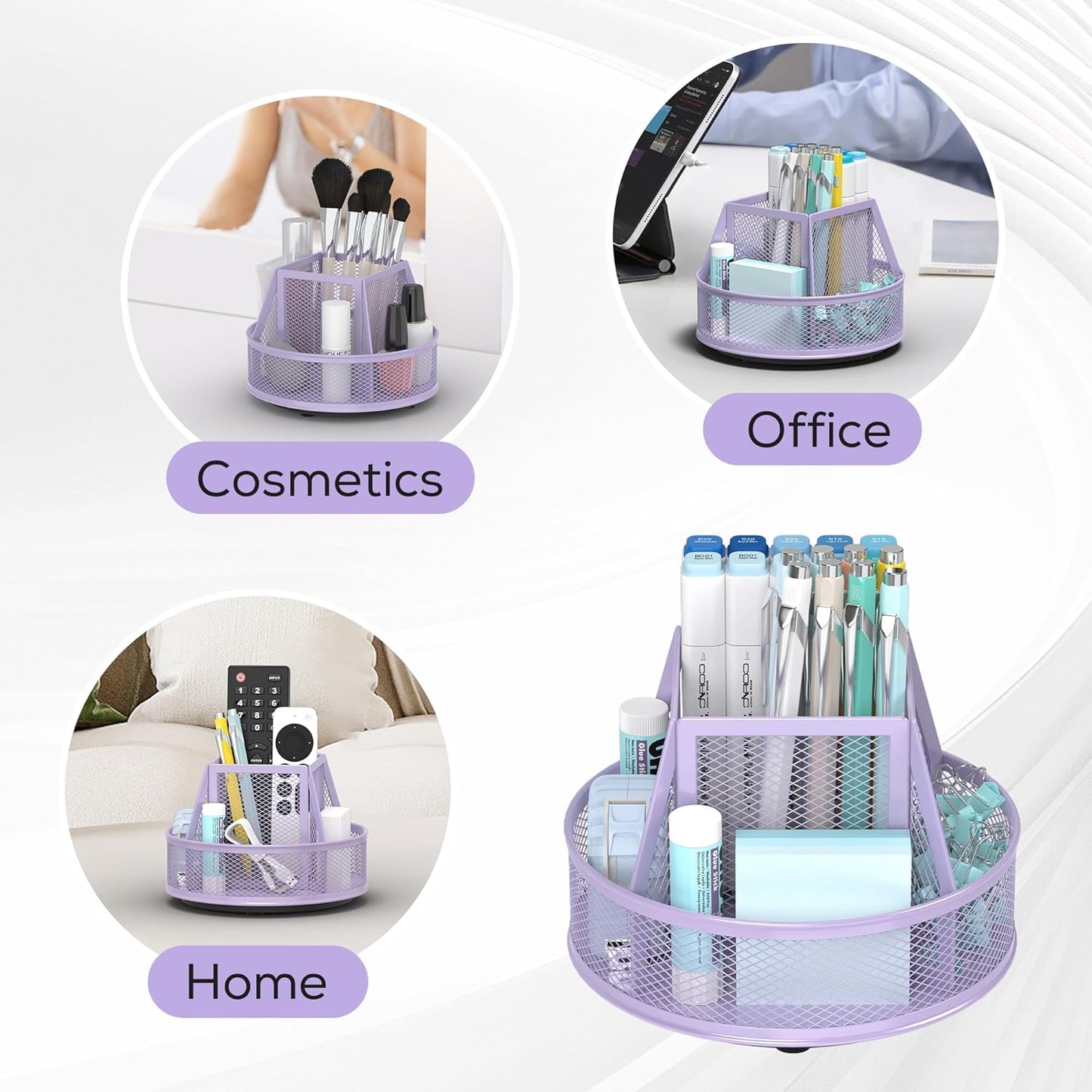 YINGHUA Metal Mesh Desk Organizer with 5 Compartments and Rotating Pencil Holder Pen and Stationery Organizer for Office Home School Anti Slip Base Blue
