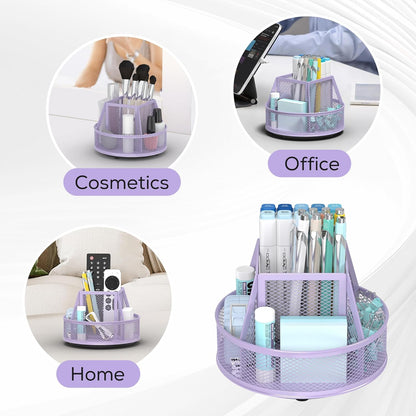 YINGHUA Metal Mesh Desk Organizer with 5 Compartments and Rotating Pencil Holder Pen and Stationery Organizer for Office Home School Anti Slip Base Blue