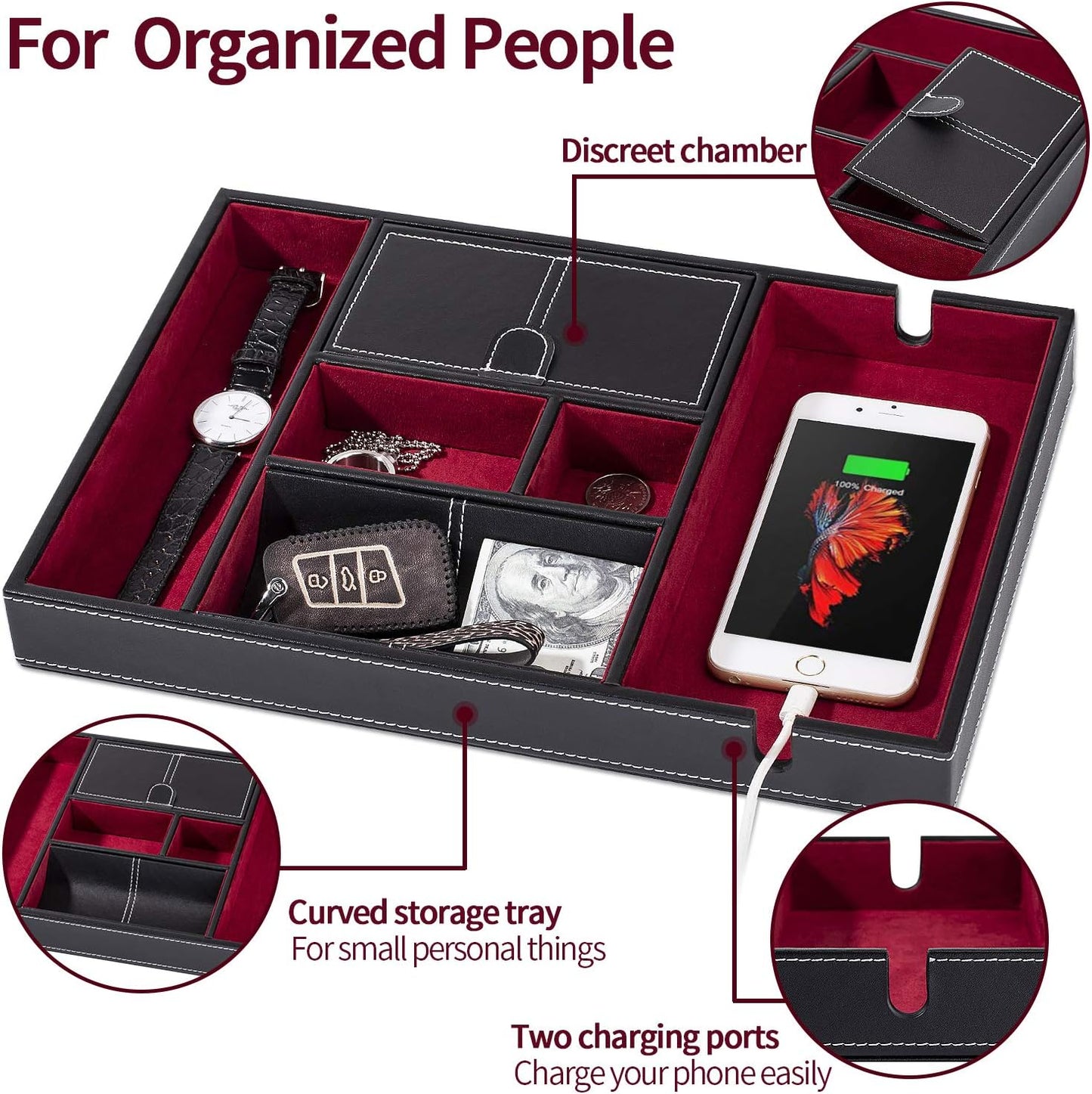 Leather Valet Tray for Men - EDC Catch All, Dresser Organizer, Jewelry & Wallet Desk Accessory, Bedside Entryway Key Catchall
