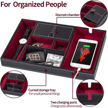 Leather Valet Tray for Men - EDC Catch All, Dresser Organizer, Jewelry & Wallet Desk Accessory, Bedside Entryway Key Catchall