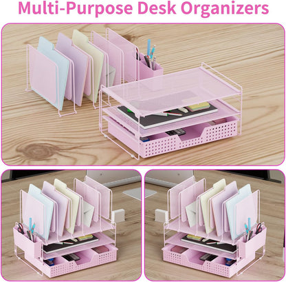 LEKETREE Desk Organizer, Office Organization with Vertical File Holder, File Organizer with Drawer and Pen Holder, Desk Accessories and Workspace Organizers for Home Office (Black)