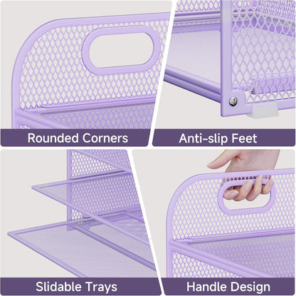 Paper Organizer Letter Tray with Handle, 5-Tier Black Stackable Desk Organizer with Metal Mesh, Sturdy Paper Tray for Office Desk, Home & Classroom Supplies Storage
