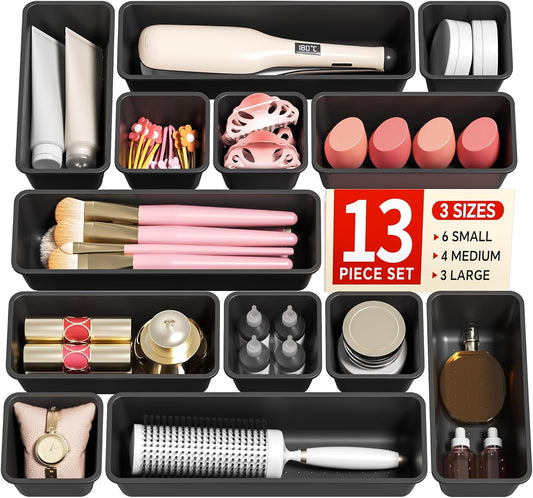 Canfanni 13 Pack Plastic Drawer Organizers Set, 3 Sizes Desk Drawer Organizer Trays for Vanity and Makeup Organizer, Organization and Storage for Makeup, Kitchen Utensils, Bathroom and Office(Pink)