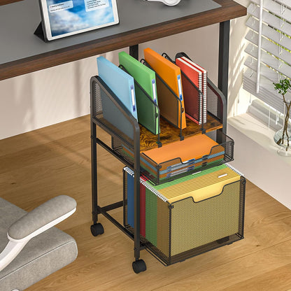 Tiaoheka Rolling File Cabinet with Adjustable Dividers, Vertical Filing Cabinet with Storage Drawer on Lockable Wheels, Hanging File Organizer Beside Under Desk for Office, Home（Patent Pending）