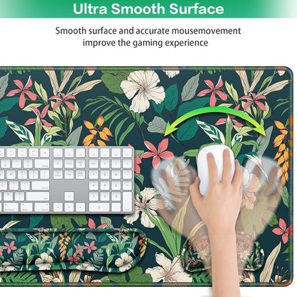 Desk Mat, Large Gaming Mouse Pad with Wrist Rest, 4in1 XXL Mousepad+Keyboard Wrist Rest+Mouse Pad Wrist Support+Cup Coaster Set Ergonomic Floral Computer Desk Arm Wrist for Decor Home Office Women