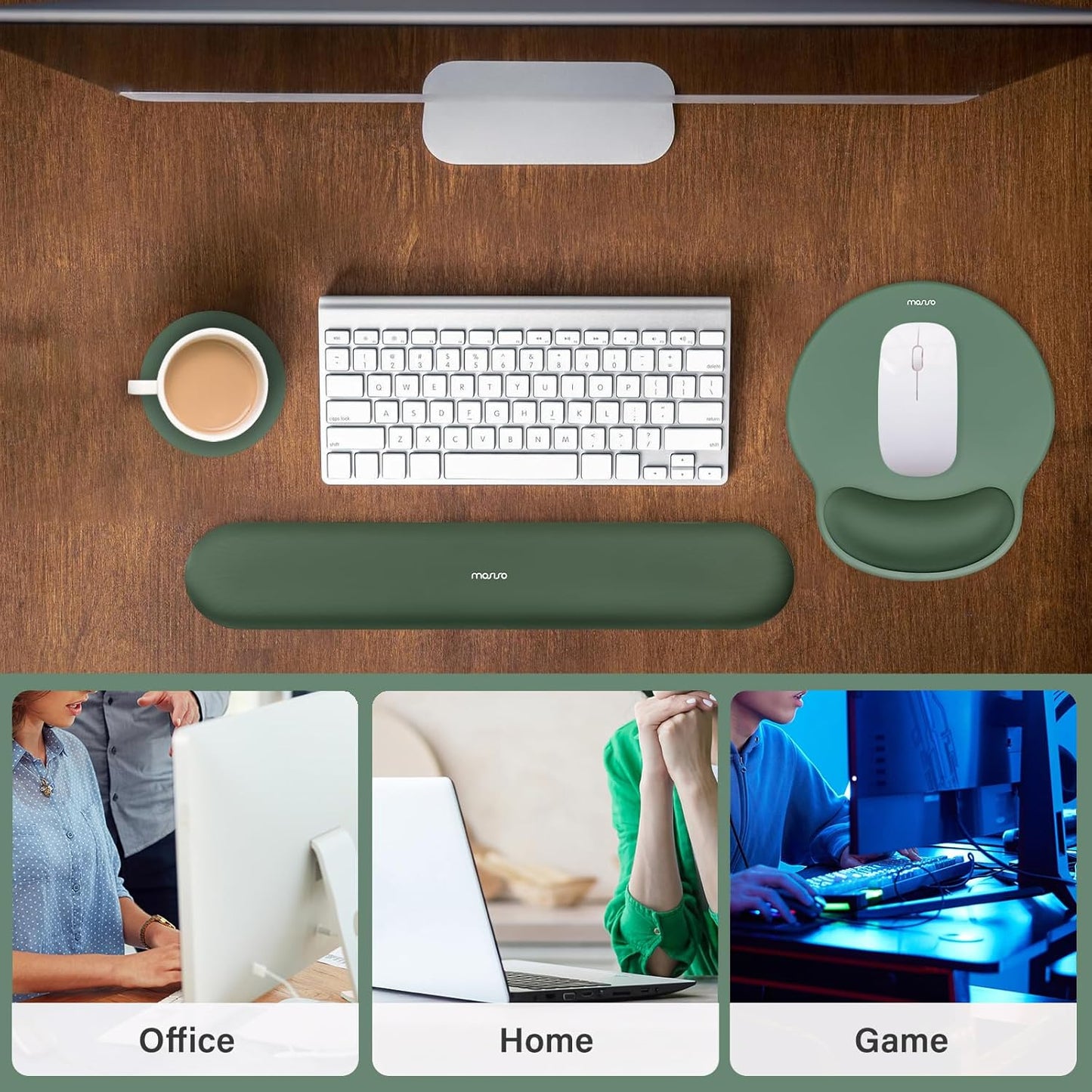 MOSISO Wrist Rest Support for Mouse Pad&Keyboard Set, Circle Curved Ergonomic Mousepad&Coaster Non-Slip Base Home/Office Pain Relief&Easy Typing Pad with Soft Cloth&Silicone Lining, Antique Green