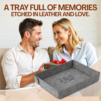 Engraved Leather Valet Tray for Men – Personalized Catchall with Custom Name for Desk, Dresser, Nightstand – Men's Organizer Tray for Keys, Wallet, Jewelry, Personalized Gift for Home, Office - Coffee