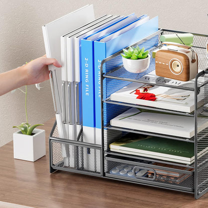 Marbrasse Desk Organizer with File Holder, 5-Tier Paper Letter Tray Organizer with Drawer and 2 Pen Holder, Mesh Desktop Organizer and Storage with Magazine Holder for Office Supplies(Black)