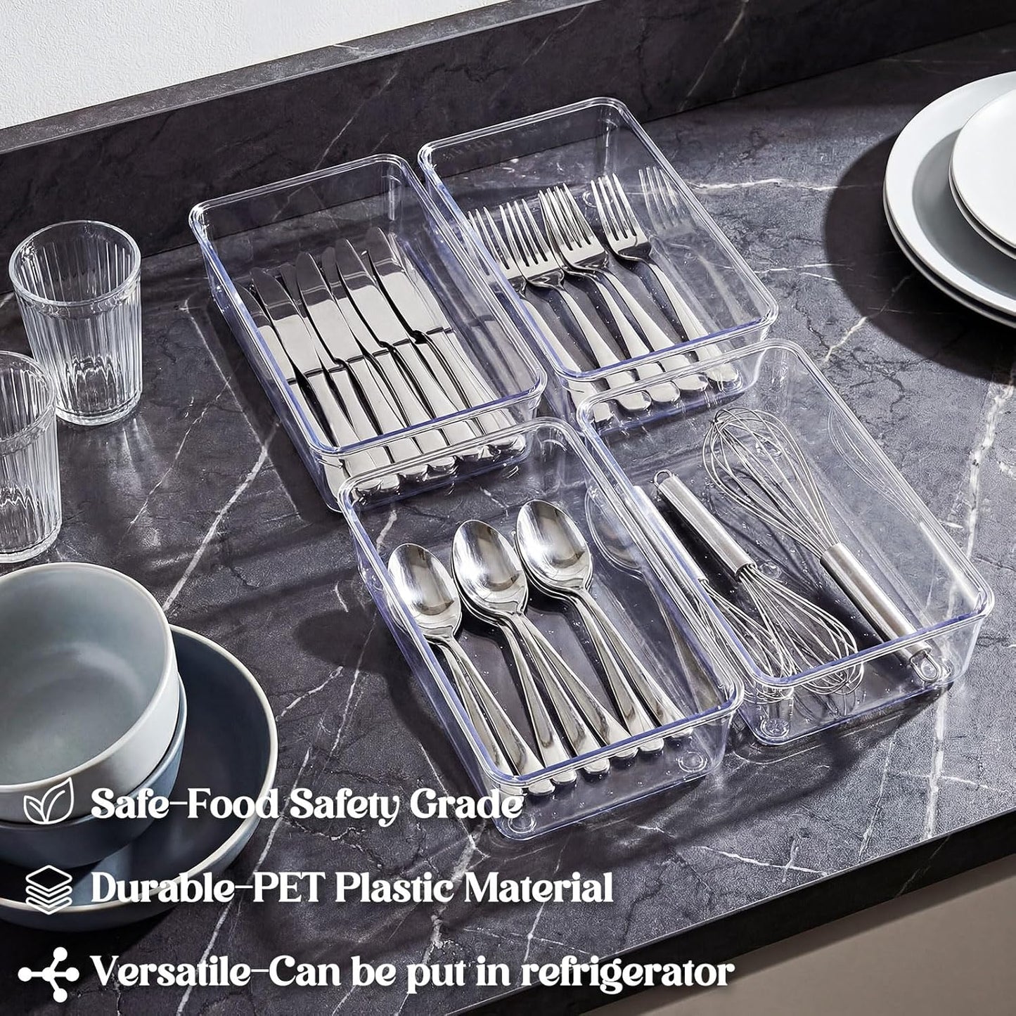 Maitys 12 Pcs Clear Drawer Organizer 9 x 3 x 2 Inches Plastic Rectangle Trays Makeup Vanity Storage Bins and Kitchen Drawers Dividers for Office Desk Silverware Kitchen Utensils(Clear)