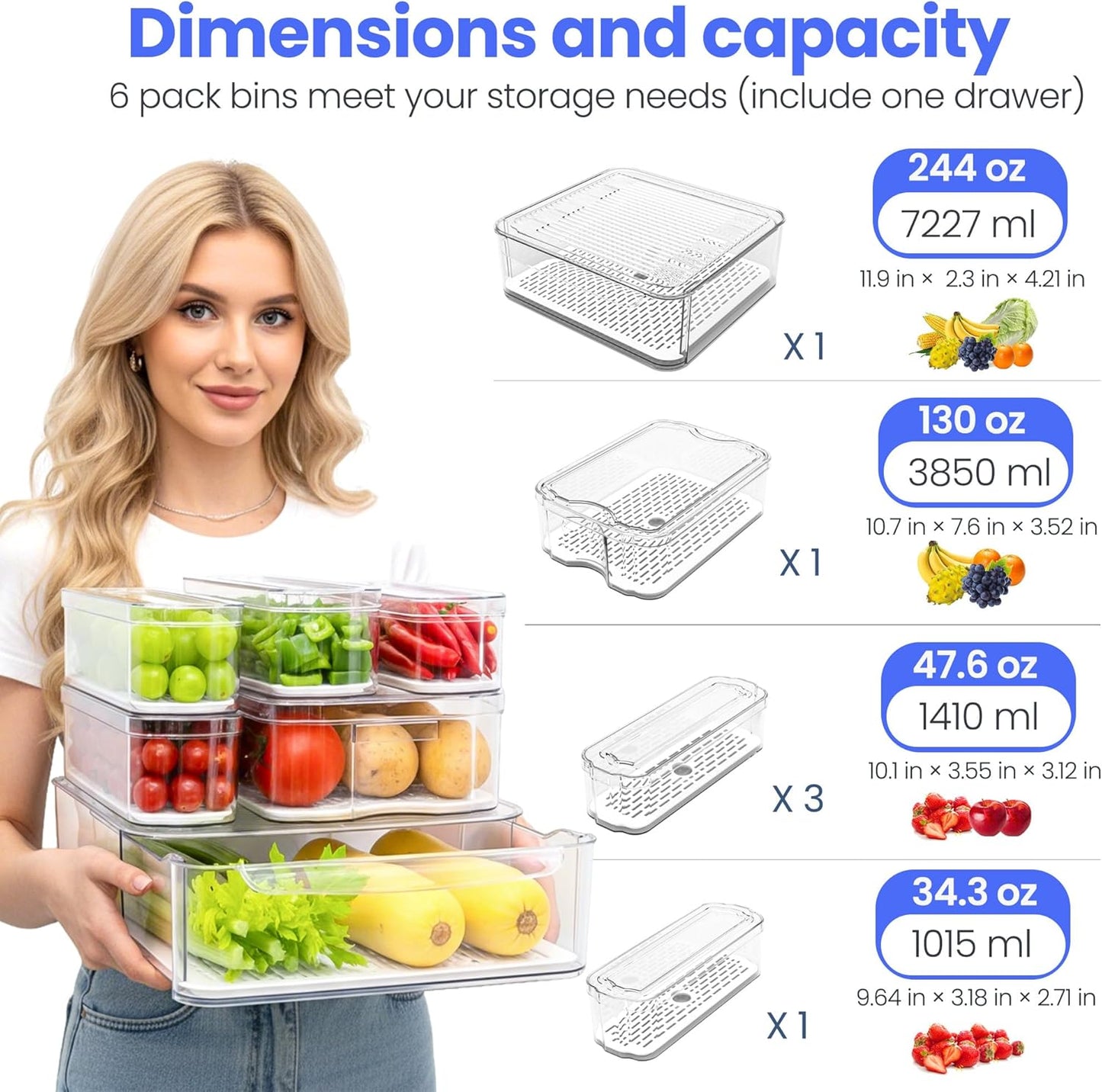 SMRCAD 8 Pack Refrigerator Organizers, Clear Pull-out Drawer Container and Organizer Bins with Lids, Stackable Storage Containers for Fruits, Vegetable (Set of 8 (Include Pull Out Drawer))