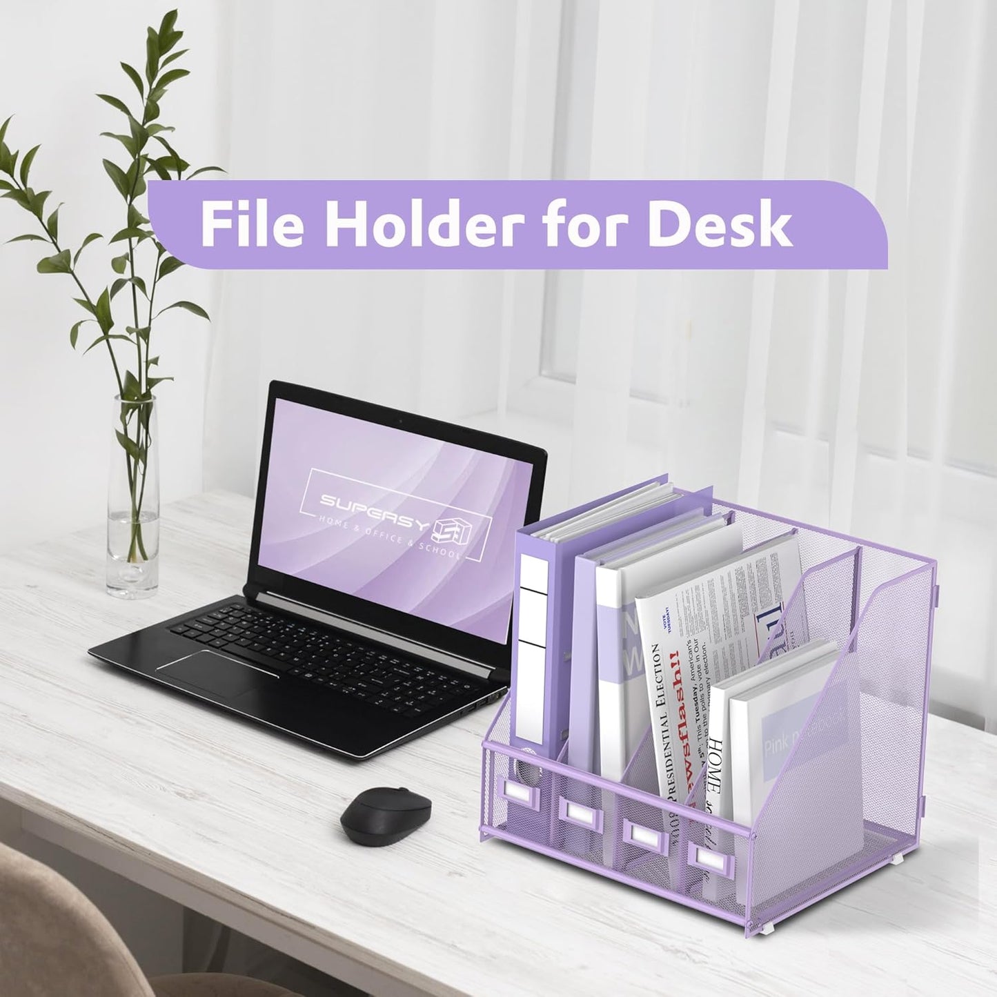 SUPEASY Magazine File Holder, Binder Holder Metal Desk Organizer with 4 Rack Compartments, File Organizer for Office Home School, Black