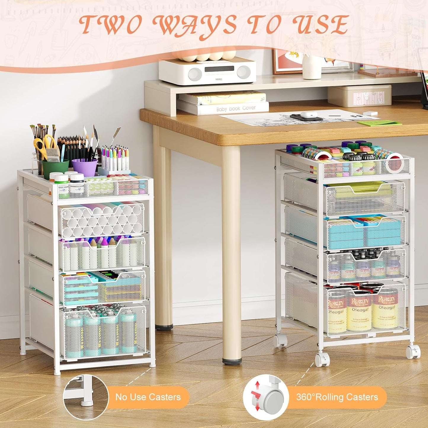 Rolling Utility Cart with 3 Drawers, Craft Organizer and Storage with DIY Divider, Lockable Wheels, Multi-Functional Storage for Art Supplies, Store for Brushes & Paints & Small Parts(Patent Pending)