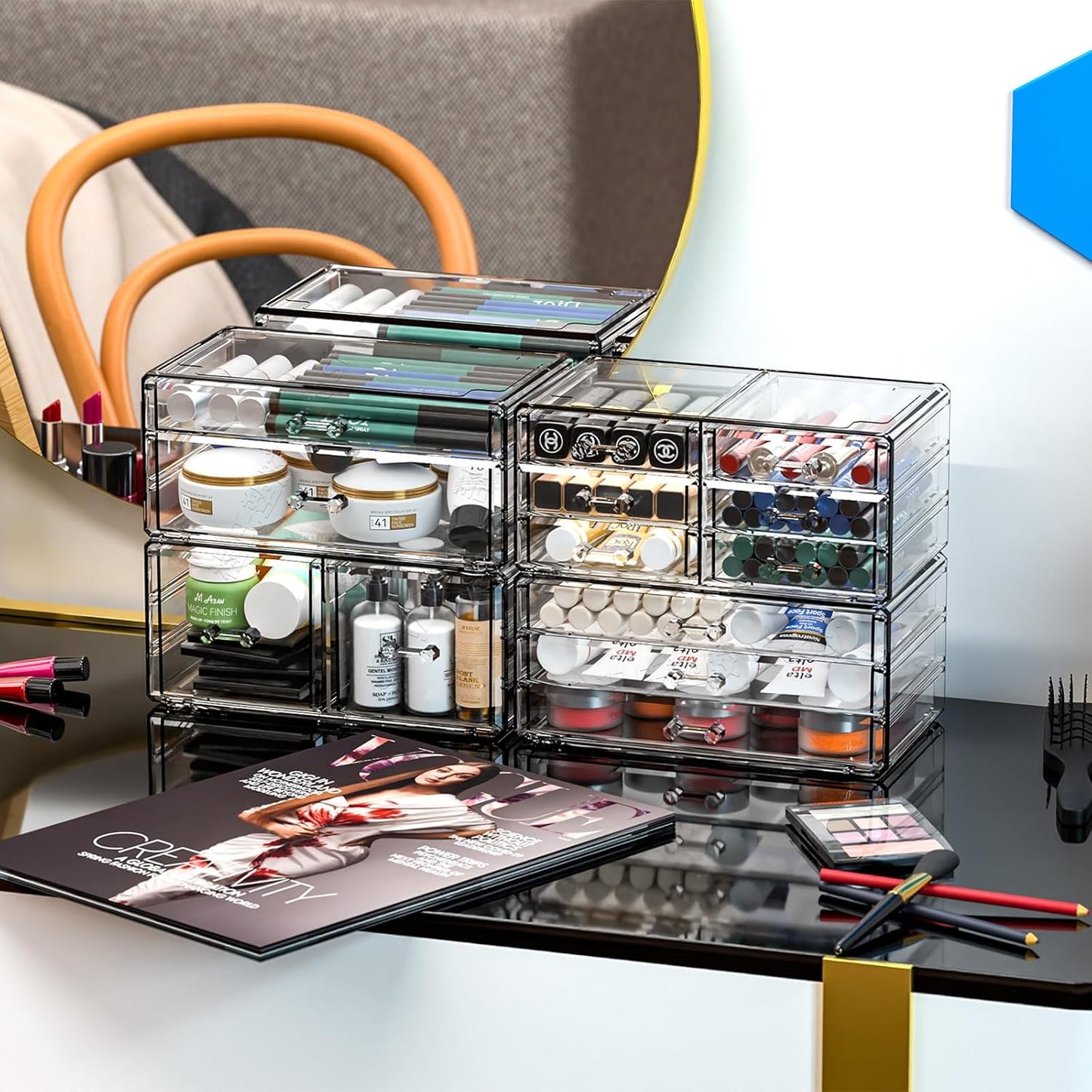 Cq acrylic 2 Pack Clear Desk Organizer With Drawers,Stackable 6 Drawers Skincare Organizer,Cute Skin Care Organizers for Vanity Hair Clip,Jewelry,Beauty Product Desk and Makeup Organizers Countertop