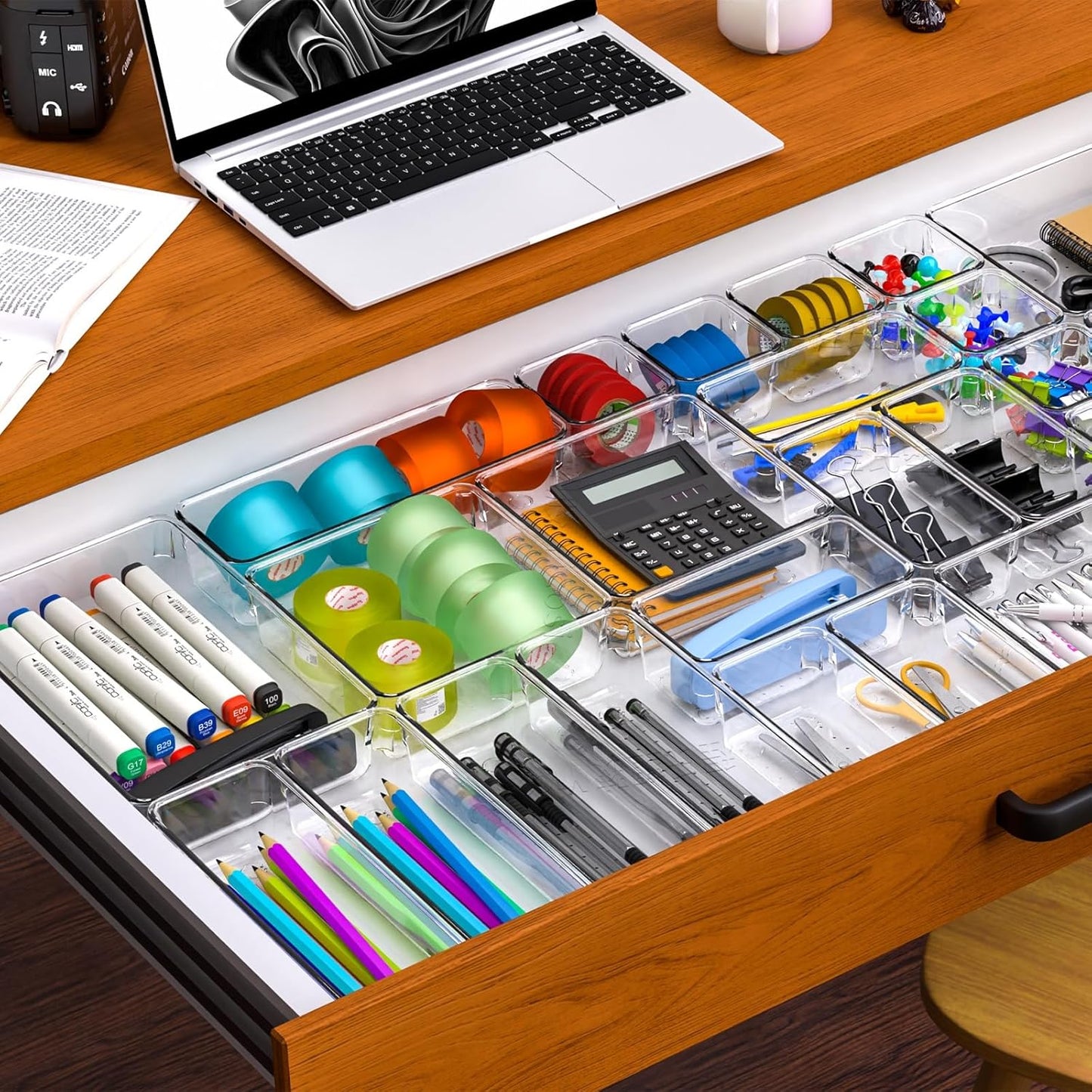 Yieach 60 Pc Clear Plastic Drawer Organizer Set,5 Sizes In Drawer Trays for Bathroom,Office,Kitchen Cabinet and Vanity Organizers,Desk Organizer Bins for Jewelry,Cosmetic,Utensil,Junk