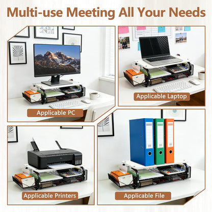 Desk Organizers and Accessories Monitor Riser, Monitor Stand with Drawer (2-Tier Drawers) with Large Side Storage Rack & Cable Management,66LBS/30KG, Office Organization, Walnut Brown