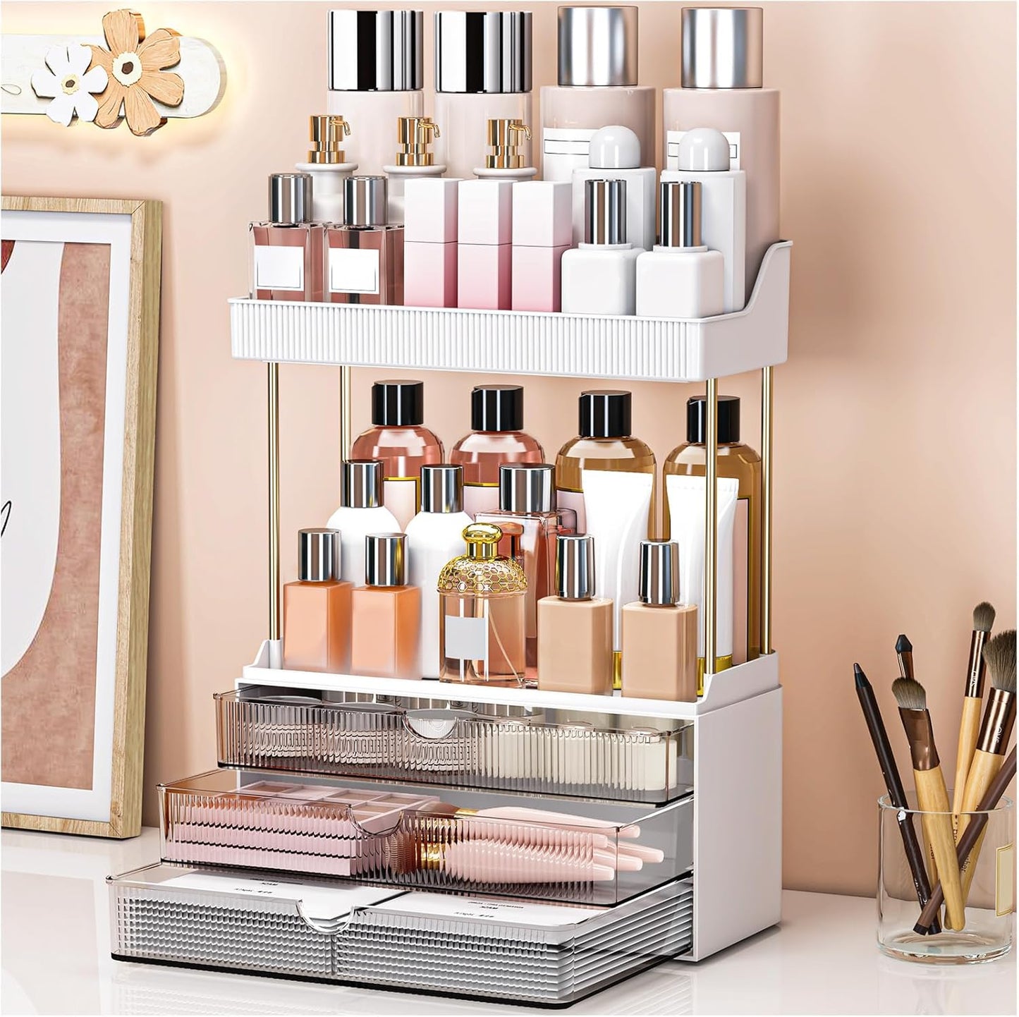 caktraie 12.2" W Makeup Organizer Drawers - 5 Tiers Bathroom Counter Organizer, Cosmetic Storage Drawer for Dresser Countertop and Bathroom Vanity for Large Skincare, Perfume, Clear