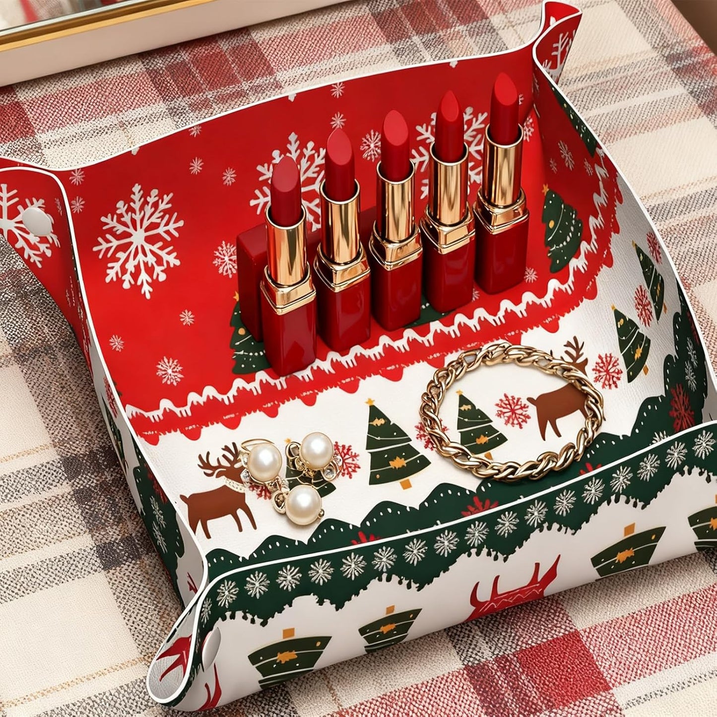 Tray Leather Valet Tray Forest Tree Reindeer Catchall Trays Key Organizer Night Stand Organizer Bedside Vanity Trays Decor for Entryway Table