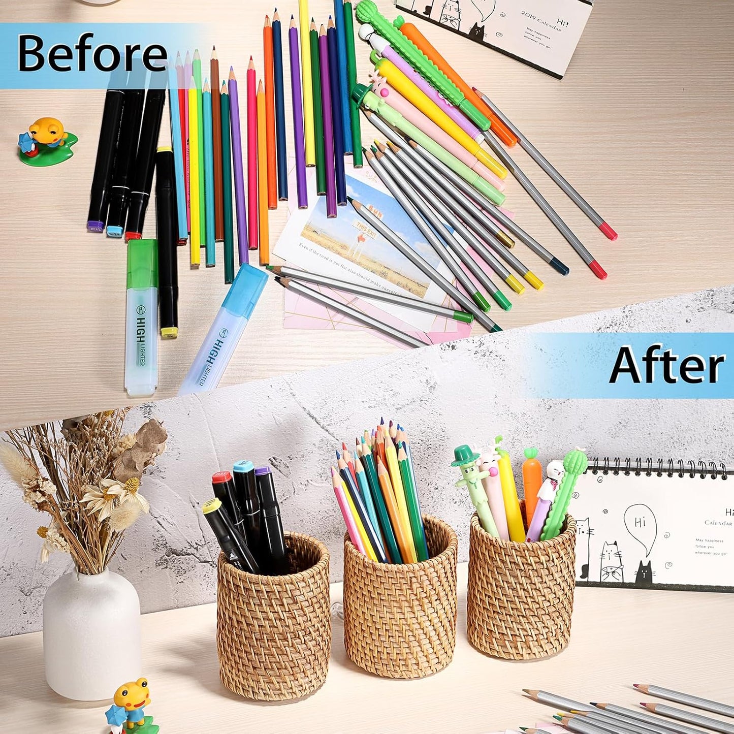 BTSKY Rattan Pen Cup, Handmade Desk Pencil Holders Makeup Brush Holder Multi-Functional Woven Basket Office&Home Desktop Organizer(Cone)