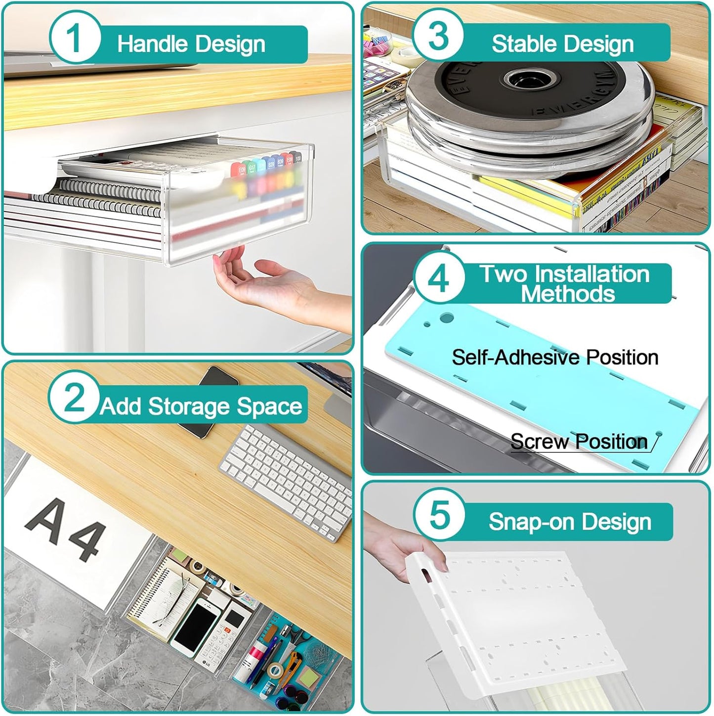 SVNNELP Under Desk Table Drawer Storage Organizer,3 Pack Large & Medium & Small Slide Out Desk Drawers - Hidden Desktop Organizer,Adhesive Storage Pencil Tray Under Table(BLACK/LMS)