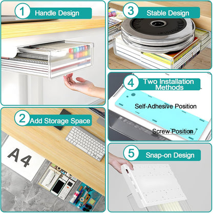 SVNNELP Under Desk Table Drawer Storage Organizer,3 Pack Large & Medium & Small Slide Out Desk Drawers - Hidden Desktop Organizer,Adhesive Storage Pencil Tray Under Table(BLACK/LMS)